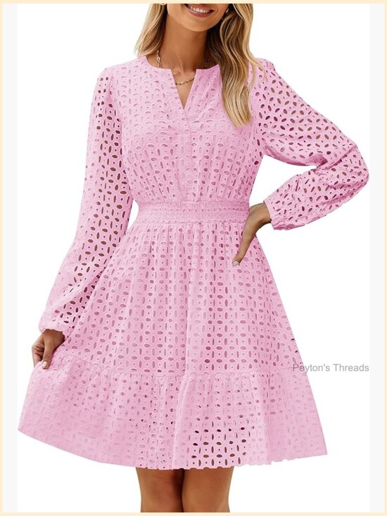 Dresses & Skirts - Women's V Neck Long Sleeve Mini Dress A-Line Swing Eyelet Embroidery Ruffle